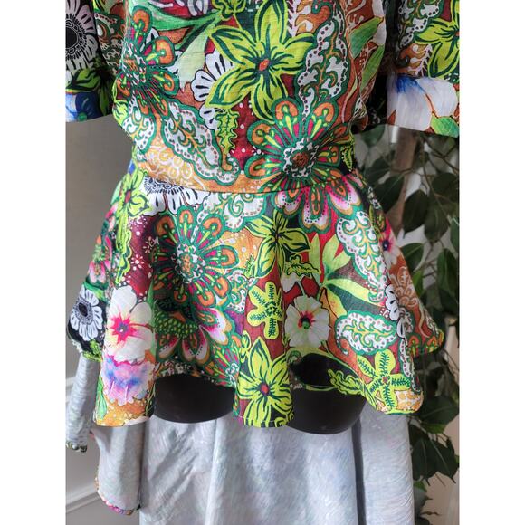 Kosmios Shirt Women's Large Multicolor Puff Sleeve Peplum Top High Low - Picture 5 of 14